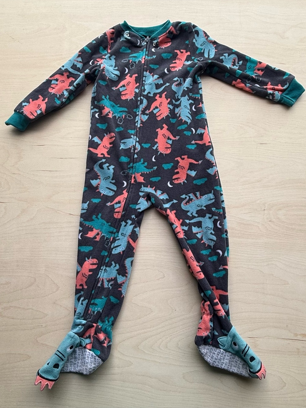 Carter's Dark Gray Fleece Footie Pajamas Orange and Blue Dragon Pattern size 3T